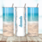 All sides of tumbler showing sandy beach and calm water scene

